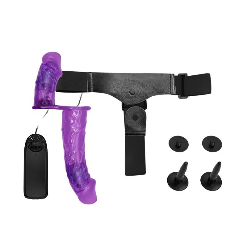 Harness Double Dildo with Vibration Purple